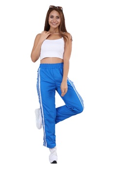 Pantaloni casual-sport cu dungi laterale si capse, Albastru Pantaloni casual-sport cu dungi laterale si capse, Albastru