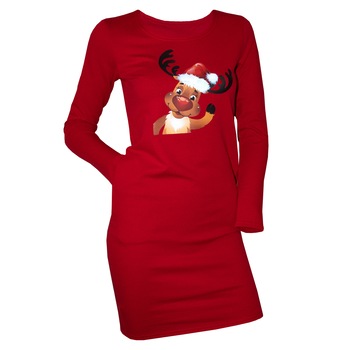 Rochie dama, rosie cu imprimeu ren pentru Craciun, Rosu Rochie dama, rosie cu imprimeu ren pentru Craciun, Rosu