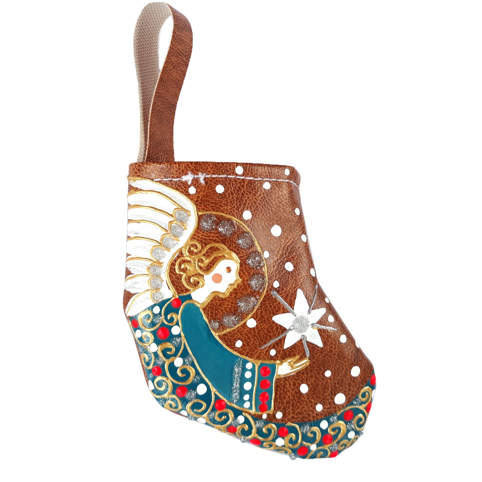 Ornament de brad tip ciorap cadouri, Regalo - inger pictat, 16 cm, multicolor