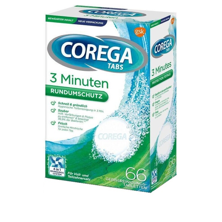 Tablete de curatare rapida aparat de contentie sau proteza dentara, 3 Minute Corega, 66 tablete