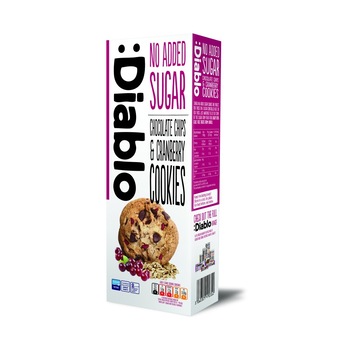 Fursecuri cu fulgi de ciocolata si merisoare Diablo, fara adaos de zahar, 135 g Fursecuri cu fulgi de ciocolata si merisoare Diablo, fara adaos de zahar, 135 g