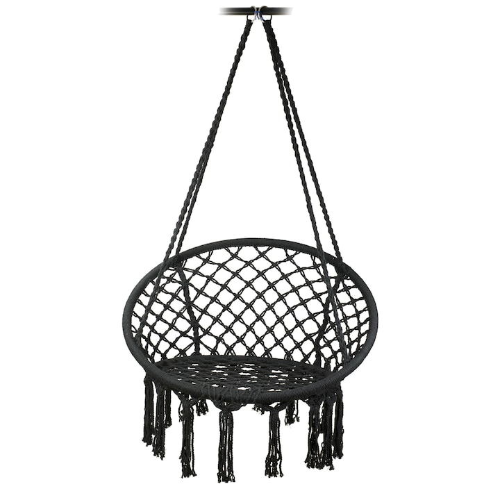 Кръгъл висящ стол-люлка за дома или градината HOUSEXL™ ROUND COSY NEST, с ресни, 120 кг, черен