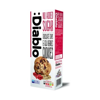 Fursecuri cu fulgi de ciocolata si goji Diablo, fara adaos de zahar, 135 g Fursecuri cu fulgi de ciocolata si goji Diablo, fara adaos de zahar, 135 g