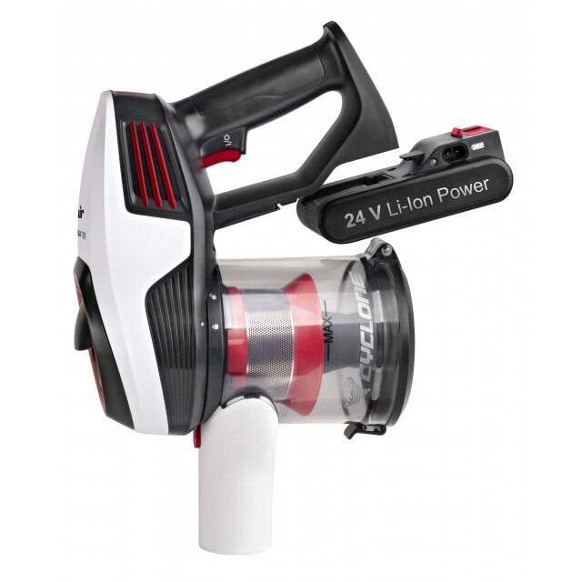 Aspirator cu acumulatori vertical si de mana Fakir Starky HSA 700, motor BLDC 380W, 24V, 35 min, filtru EPA, Gri/Alb/Rosu