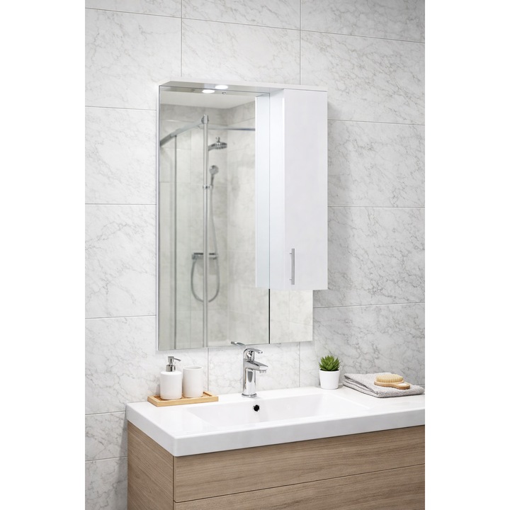 Oglinda cu iluminare si dulap Badenmob, 65x101x14cm, Alb