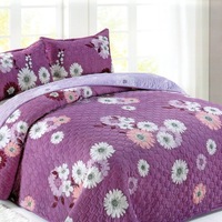 Cuvertura de Pat din Catifea + 2 Fete de Perna, Pat 2 Persoane, Flori Albe