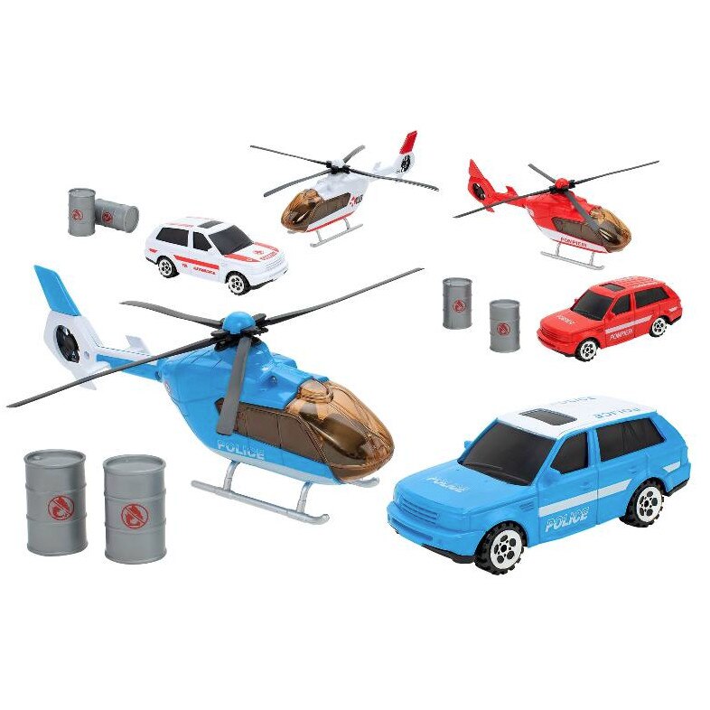 Set 3 elicoptere si 3 masinute de securitate Globo, Pompieri, Salvare, Politie