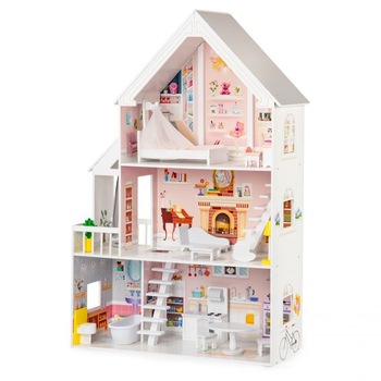 Casa de papusi iMK®, din lemn si MDF, lipsita de margini ascutite, 3 etaje cu 5 camere si piese de mobilier, 126 x 81.5 x 30 cm Casa de papusi iMK®, din lemn si MDF, lipsita de margini ascutite, 3 etaje cu 5 camere si piese de mobilier, 126 x 81.5 x 30 cm