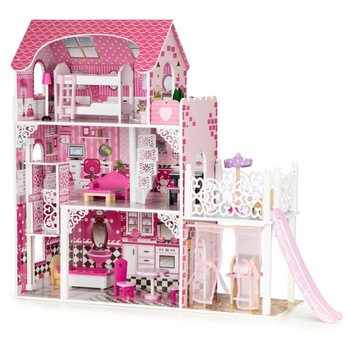 Casa de papusi iMK®, din lemn cu lift, 3 etaje si 7 camere, set de mobilier 16 piese, fata colturi sau margini ascutite, 90 x 71 x 32.5 cm Casa de papusi iMK®, din lemn cu lift, 3 etaje si 7 camere, set de mobilier 16 piese, fata colturi sau margini ascutite, 90 x 71 x 32.5 cm