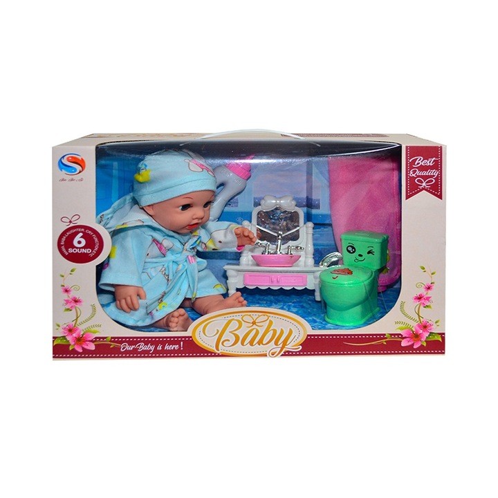 Játékbaba 6 féle hanggal, bútorral és toalettel, Sbk, 6 tartozék, +3 év
