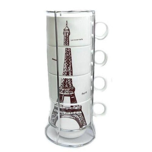 Set 4 cesti Turnul Eiffel cani cafea espresso si suport metalic