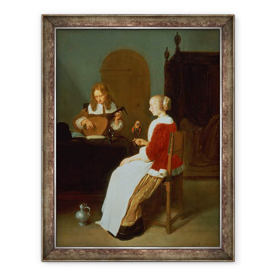 Tablou inramat - Quiringh Gerritsz van Brekelenkam - Un interior cu un jucator lauta si o femeie care detine un papagal, 60 x 80 cm