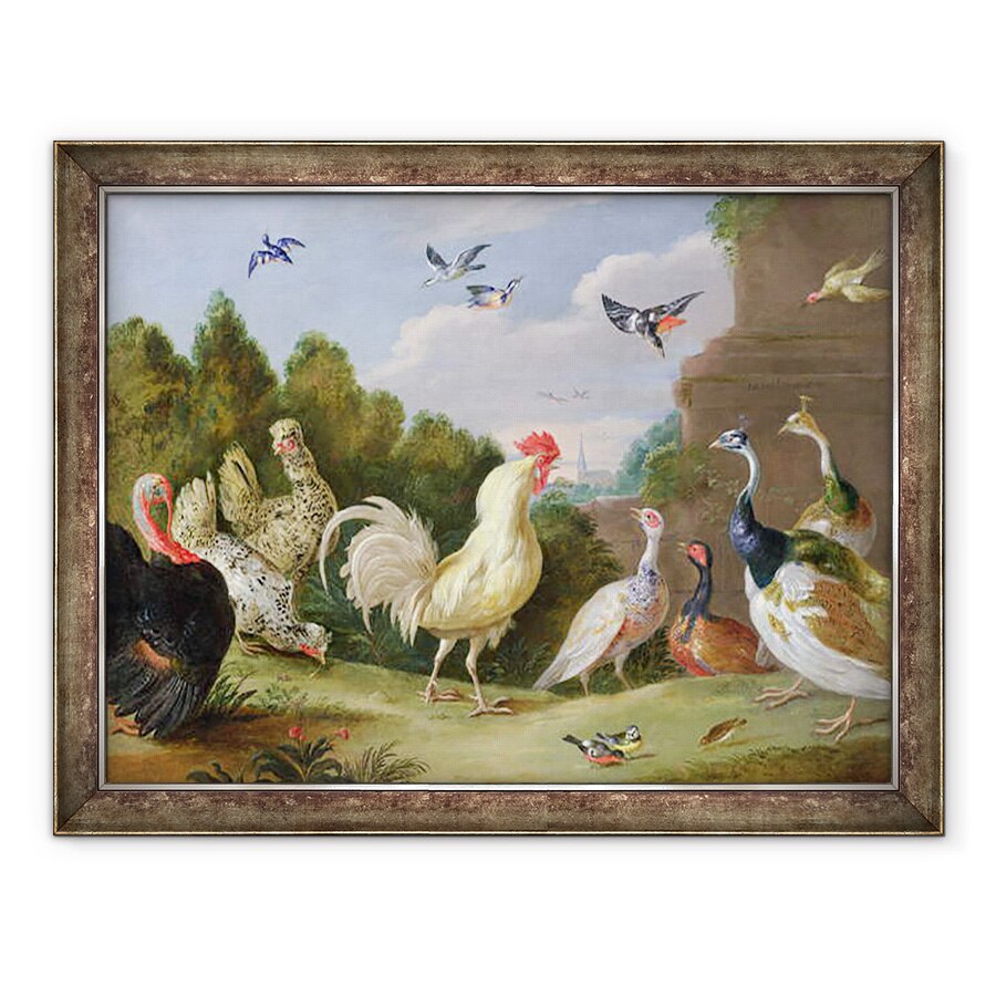 Tablou inramat - Jan van Kessel the Elder - Peisaj impadurit cu un cocos, curcan, gaini si alte pasari, 70 x 90 cm