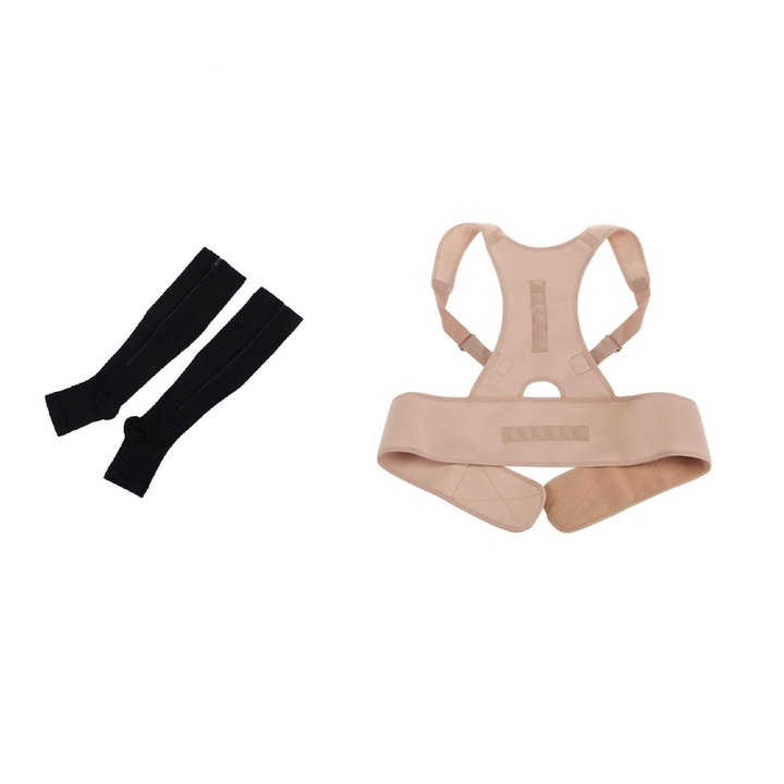 Set 2 produse, contine Sosete pentru compresie, cu fermoar, ZIP SOX marime L/XL, culoare negru si Centura tip ham pentru corectarea pozitiei spatelui, marimea L, culoare bej