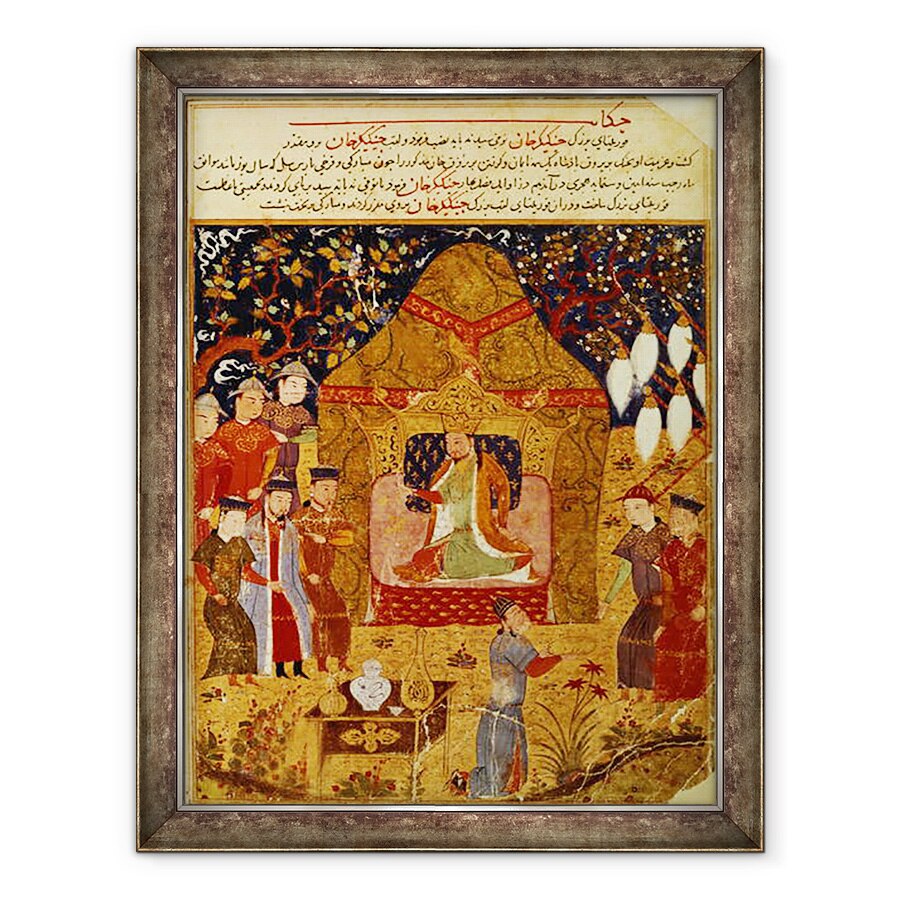 Tablou inramat - Scoala Persana - Temujin a proclamat el insusi Genghis Han, fiii sai Ogodei si Joci la dreapta, 60 x 80 cm