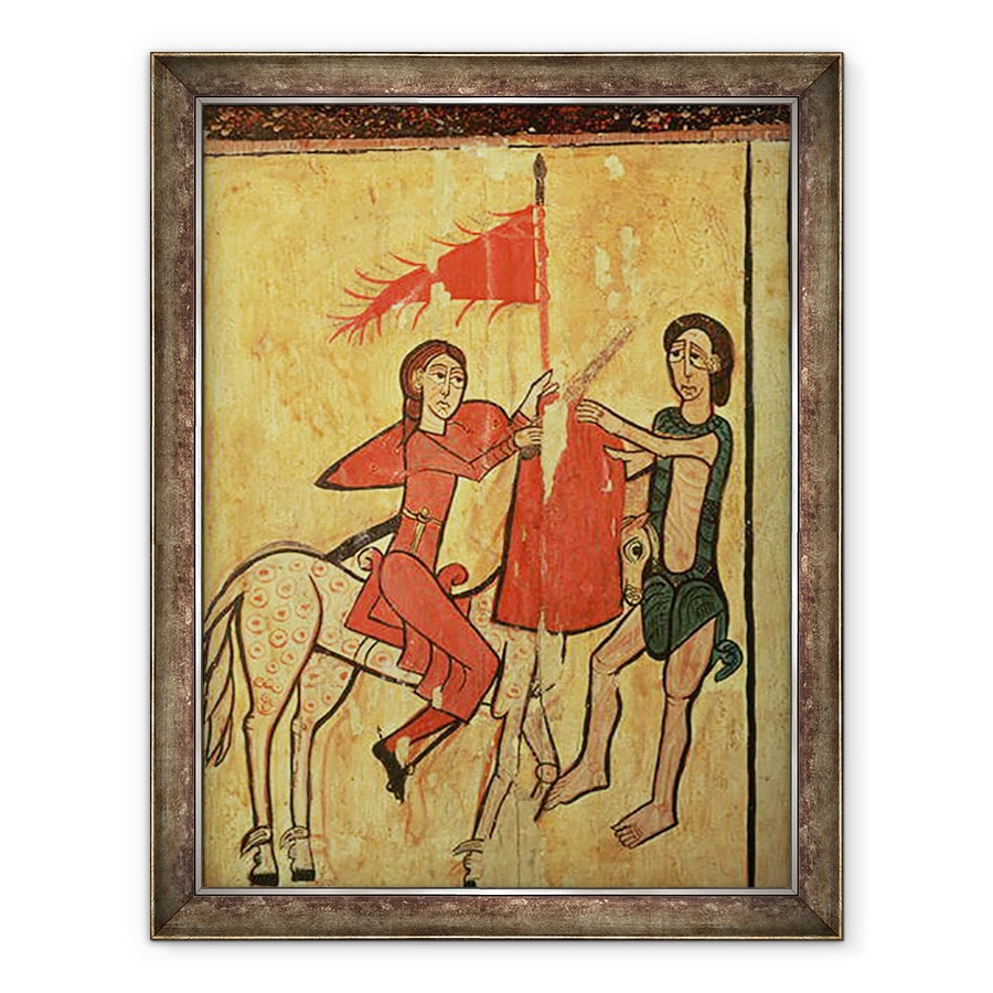Tablou inramat - Scoala spaniola - Sfantul Martin si cersetorul, detaliu de la un altar frontal de la Sant Marti de Puigbo, 60 x 80 cm