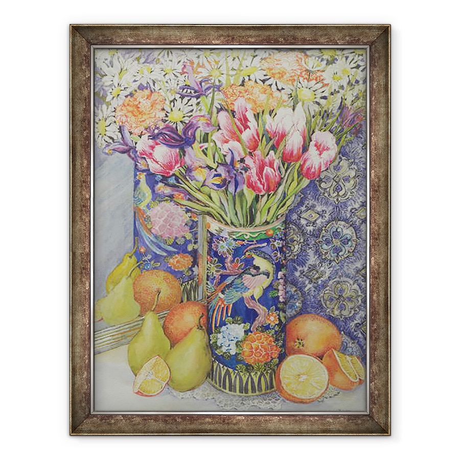 Tablou inramat - Joan Thewsey - Lalele intr-o vaza japoneza cu fructe, 60 x 80 cm