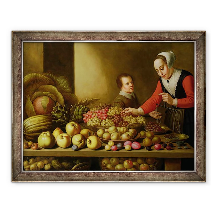 Floris van Schooten - Lány értékesítési szőlő egy nagy asztal megrakott gyümölcs és zöldség, Keretezett kép, 60 x 80 cm