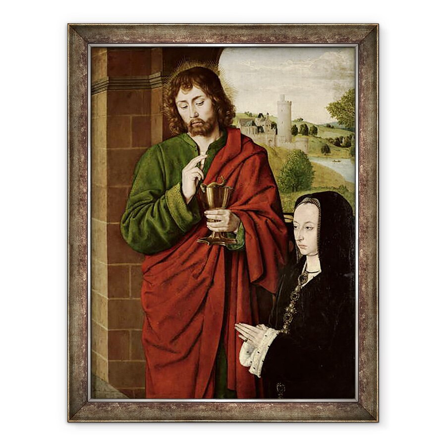 Tablou inramat - Master of Moulins - Anne a Frantei 1462-1522 Doamna de Beaujeu, Ducesa de Bourbon, prezentata de Sfantul Ioan Evanghelistul, aripa dreapta a unui triptic, 60 x 80 cm