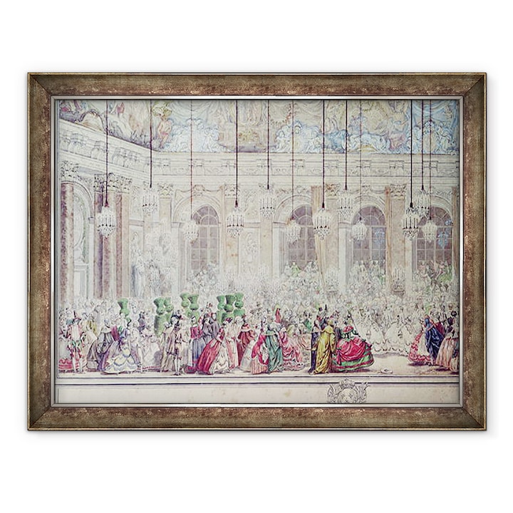 Charles Nicolas II Cochin - Álarcos bál a Galerie des Glaces-ben a Dauphin Marie-Therese-házasságának alkalmával, Keretezett kép, 70 x 90 cm