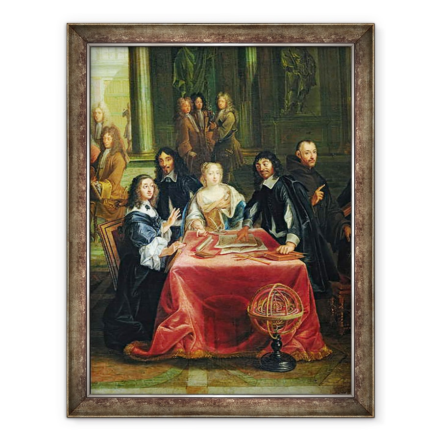 Tablou inramat - Pierre-Louis Dumesnil the Younger - Christina a Suediei 1626-89 si Curtea sa, detalii despre Regina si Rene Descartes 1596-1650 la masa ulei pe panza, 60 x 80 cm