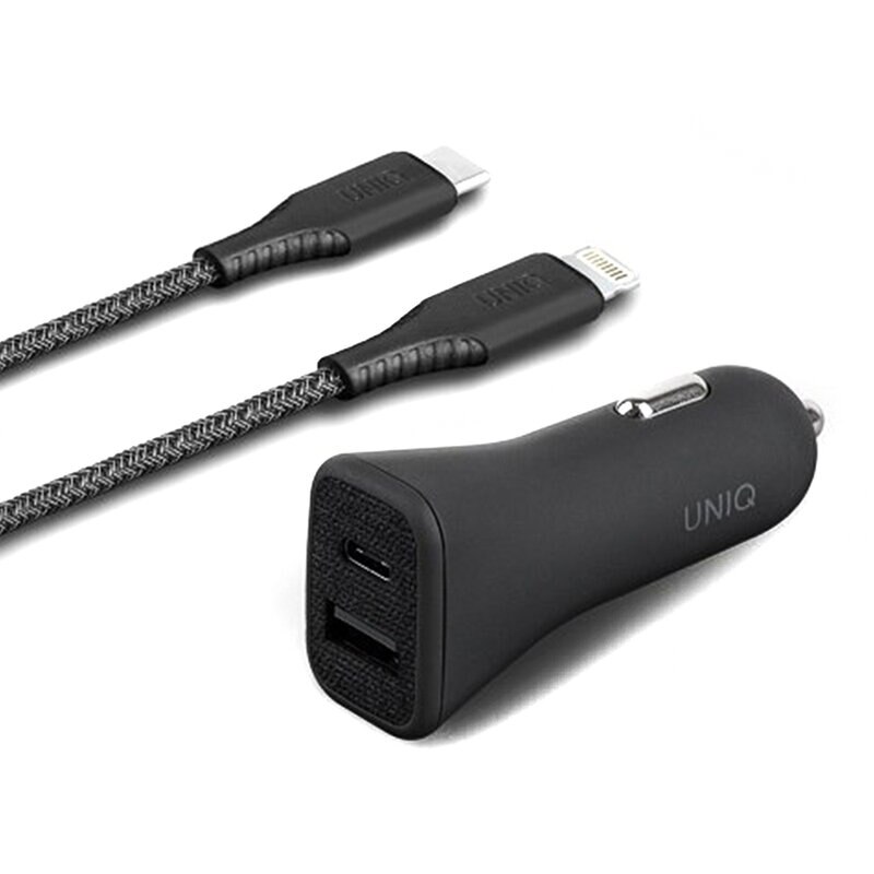 Incarcator Auto Uniq Votra Duo P30 Type-C PD3.0 18W USB-A 2.4A + Cablu Incarcare Type-C/Lightning - Negru