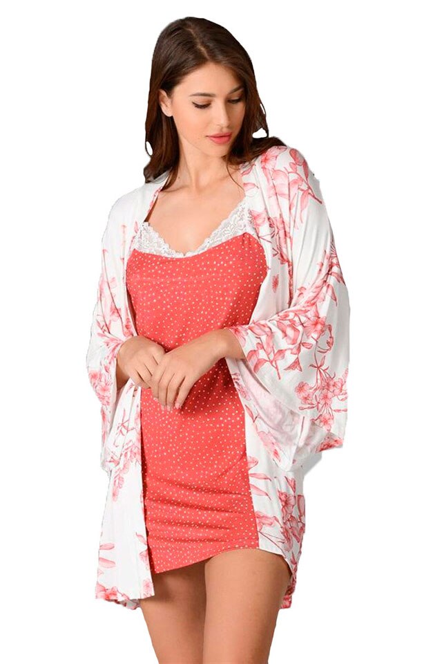 Compleu camasa de noapte, NBB, Alb/Caramiziu