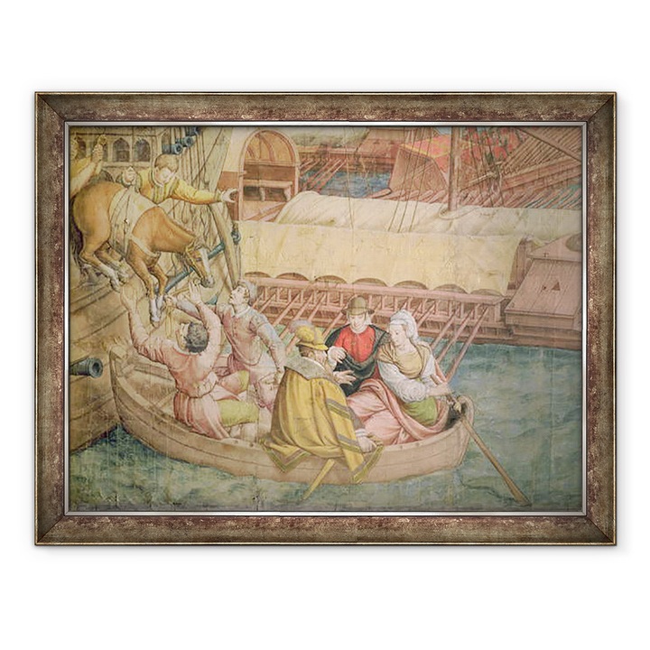 Tablou inramat - Jan Cornelisz Vermeyen - Campania imparatului Carol al V-lea impotriva turcilor la Tunis in 1535, Batalia de la Goletta, detaliu al unui cal fiind coborat intr-o barca, 60 x 80 cm