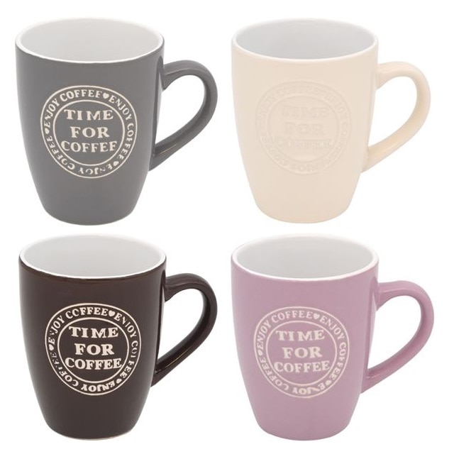 Set de cani ceramice in patru culori, cu design time for coffee, 350 ml, Multicolor