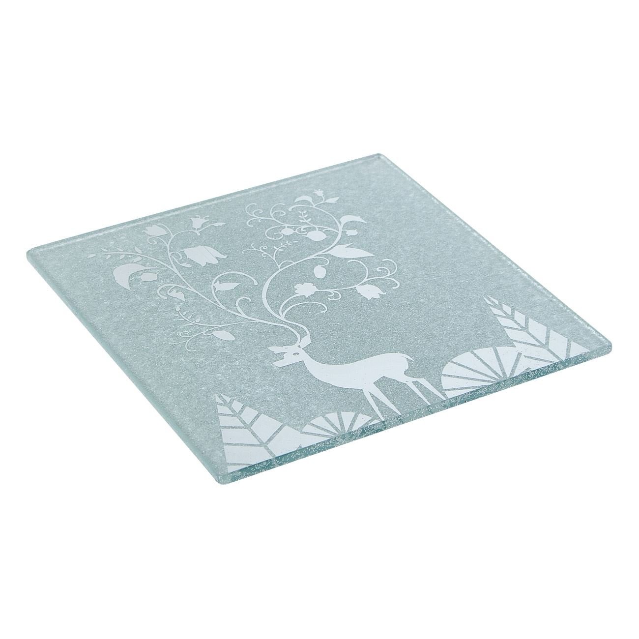 Suport lumanare argintiu din sticla cu imprimeu ren de Craciun, Lioness, 12 x 12 cm