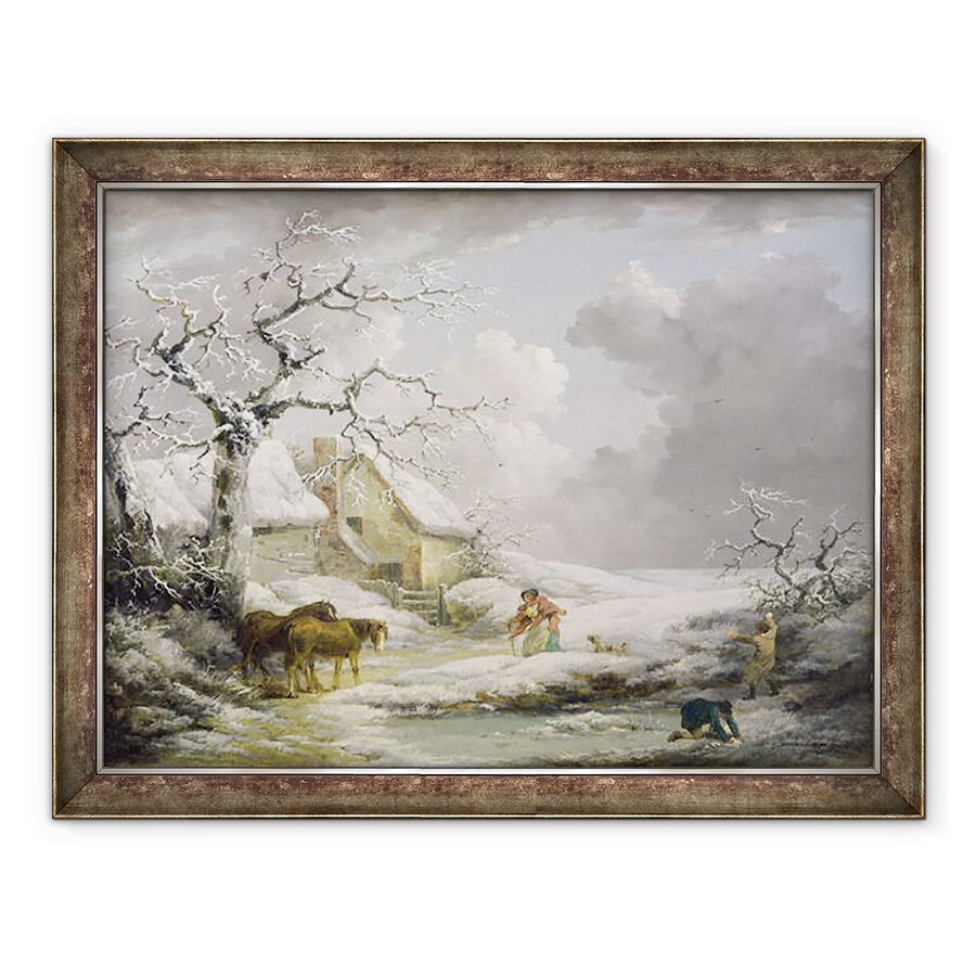Tablou inramat - George Morland - Peisaj de iarna cu barbati snowballing o femeie veche, 60 x 80 cm