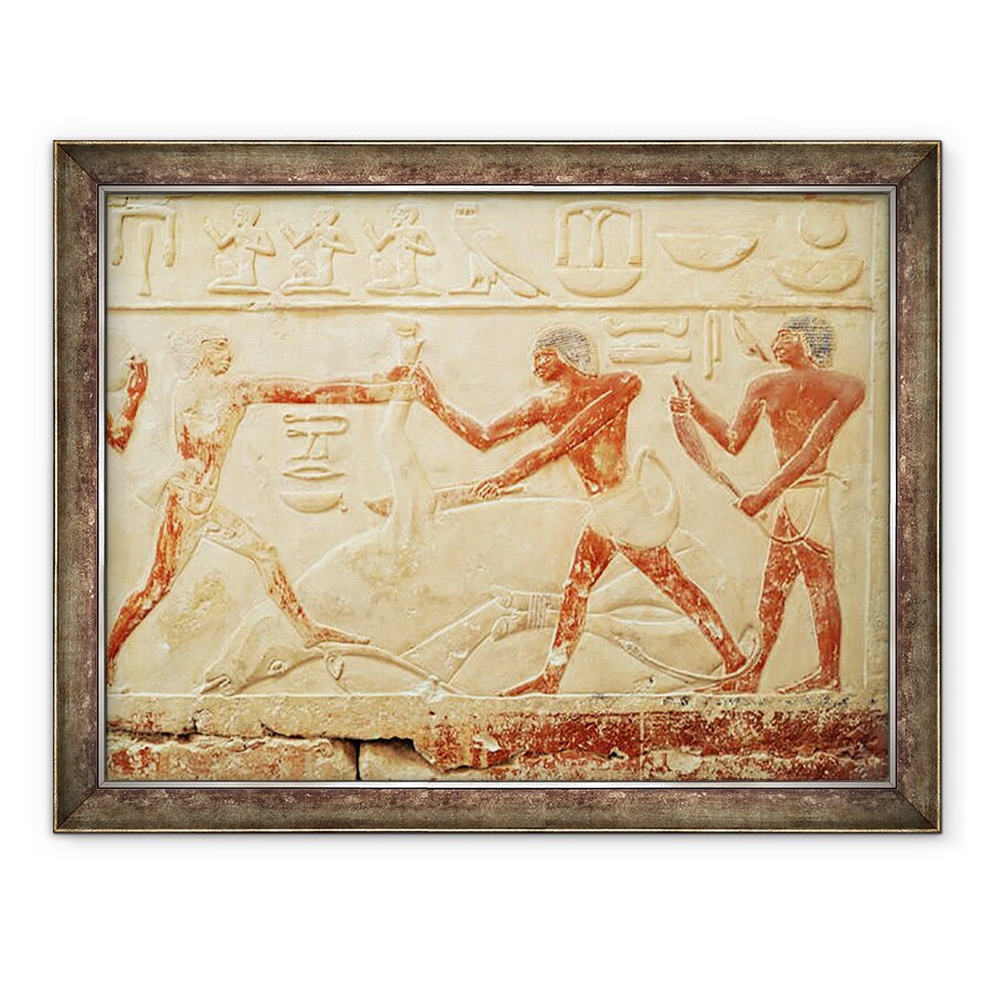 Tablou inramat - Egyptian 6th Dynasty - Macelari sacrificarea unui bou, scutire din mormantul printesei Imut, Vechiul Regat, 60 x 80 cm