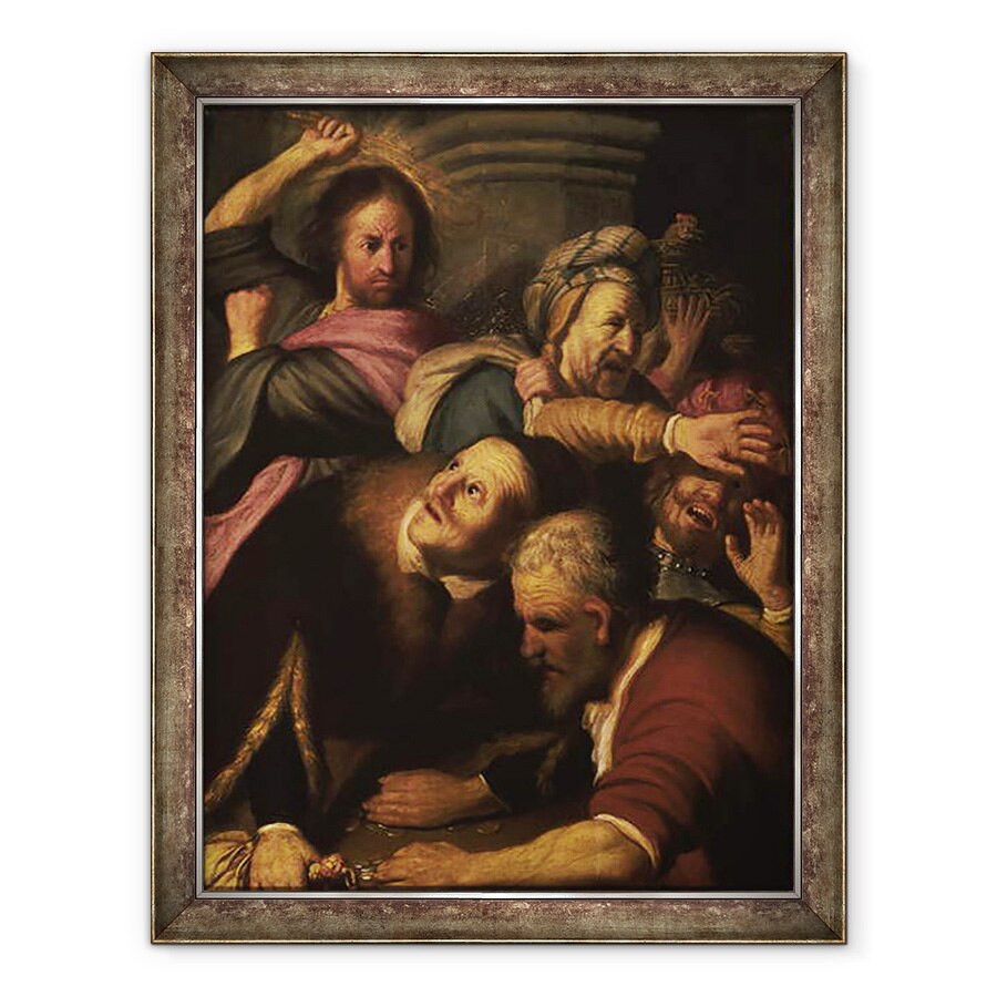 Tablou inramat - Rembrandt Harmensz van Rijn - Hristos ii alunga pe schimbatorii de bani din templu, 70 x 90 cm