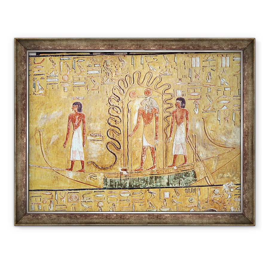 Tablou inramat - Egyptian 19th Dynasty - Zeul Soarelui Ra in barca sa solara, protejat de bobinele unui sarpe, 60 x 80 cm