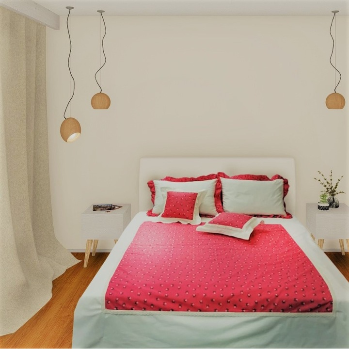 Памучно дантелено спално бельо Lolita, 6 части, цвят червено/крем, 100% памук (1 плик за завивка 200x215, 1 чаршаф 270x260, 2 възглавници 50x70, 2 декоративни възглавници 45x45)