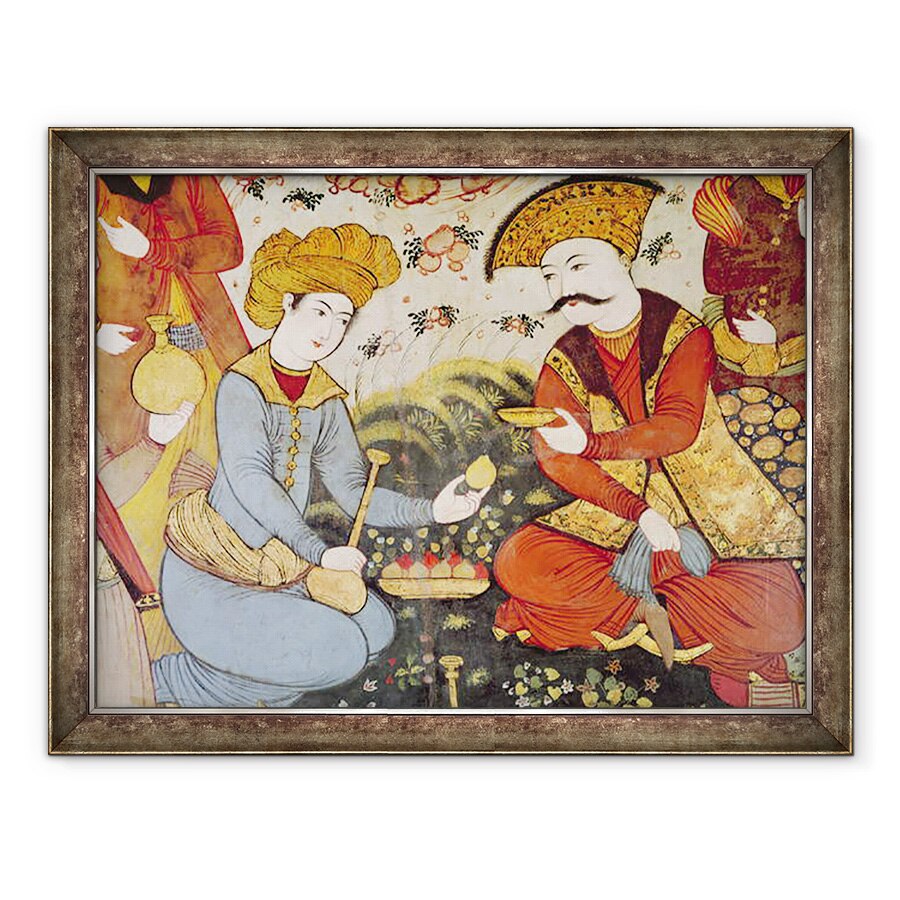 Tablou inramat - Scoala Persana - Shah Abbas I 1588-1629 si un curtean oferind fructe si bauturi detaliu, 60 x 80 cm