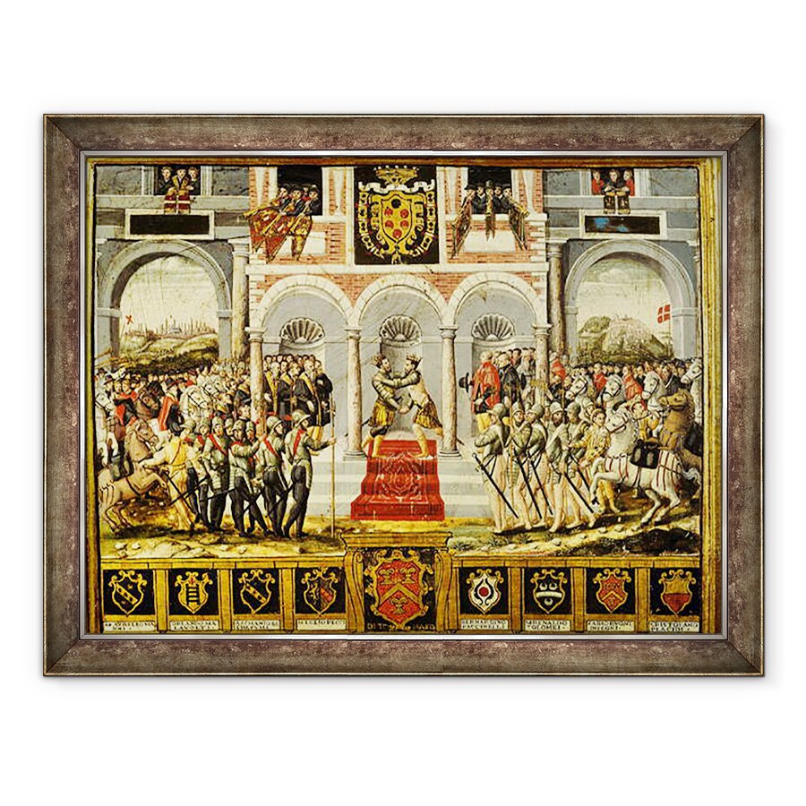 Tablou inramat - Scoala franceza - Tratatul de la Cateau-Cambresis si imbratisarea lui Henri al II-lea 1519-59 al Frantei si Filip al II-lea 1527-98 al Spaniei, 60 x 80 cm