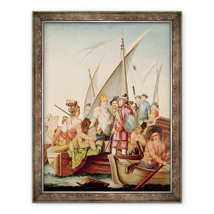 Tablou inramat - Scoala spaniola - Sosirea lui Hernando Cortes 1485-1547 in Mexic, 60 x 80 cm