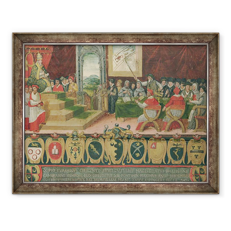Tablou inramat - Scoala Italiana - Discutia privind reforma calendarului in cadrul Papei Grigore al XIII-lea 1502-85 inlocuita cu Calendarul gregorian, Roma, 60 x 80 cm