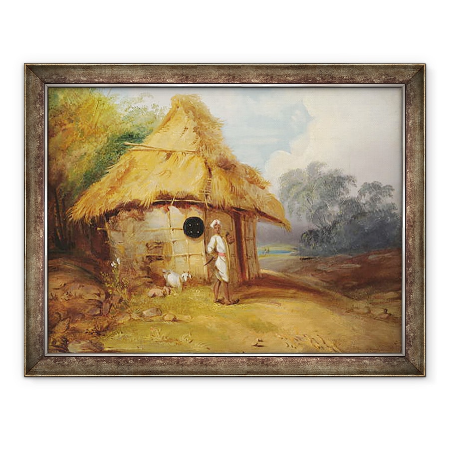 Tablou inramat - George Chinnery - Vedere in sudul Indiei, cu un razboinic in afara coliba lui, 70 x 90 cm