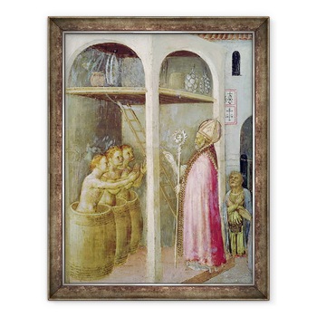 Tablou inramat - Gentile da Fabriano - Sfantul Nicolae Resusciteaza cei trei copii aruncati in cazi de saramura, detaliu dintr-un panou predella al Altarului Quaratesi, 60 x 80 cm Tablou inramat - Gentile da Fabriano - Sfantul Nicolae Resusciteaza cei trei copii aruncati in cazi de saramura, detaliu dintr-un panou predella al Altarului Quaratesi, 60 x 80 cm