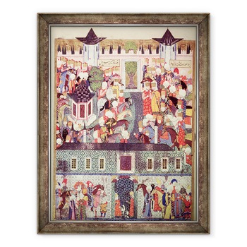 Tablou inramat - Scoala turceasca - H 1517 f.17v Enthronement de Suleyman Magnificul 1494-1566 de Suleymanname de Arifi, 70 x 90 cm Tablou inramat - Scoala turceasca - H 1517 f.17v Enthronement de Suleyman Magnificul 1494-1566 de Suleymanname de Arifi, 70 x 90 cm