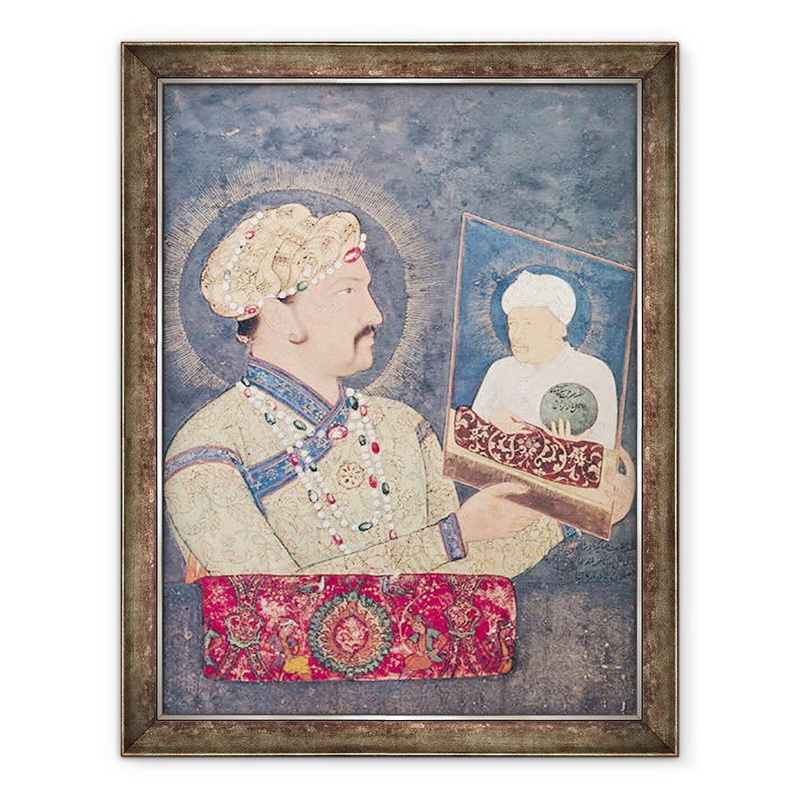 Tablou inramat - Scoala indiana - imparatul Jahangir 1569-1627 care detine un portret al imparatului Akbar 1542-1605, 70 x 90 cm