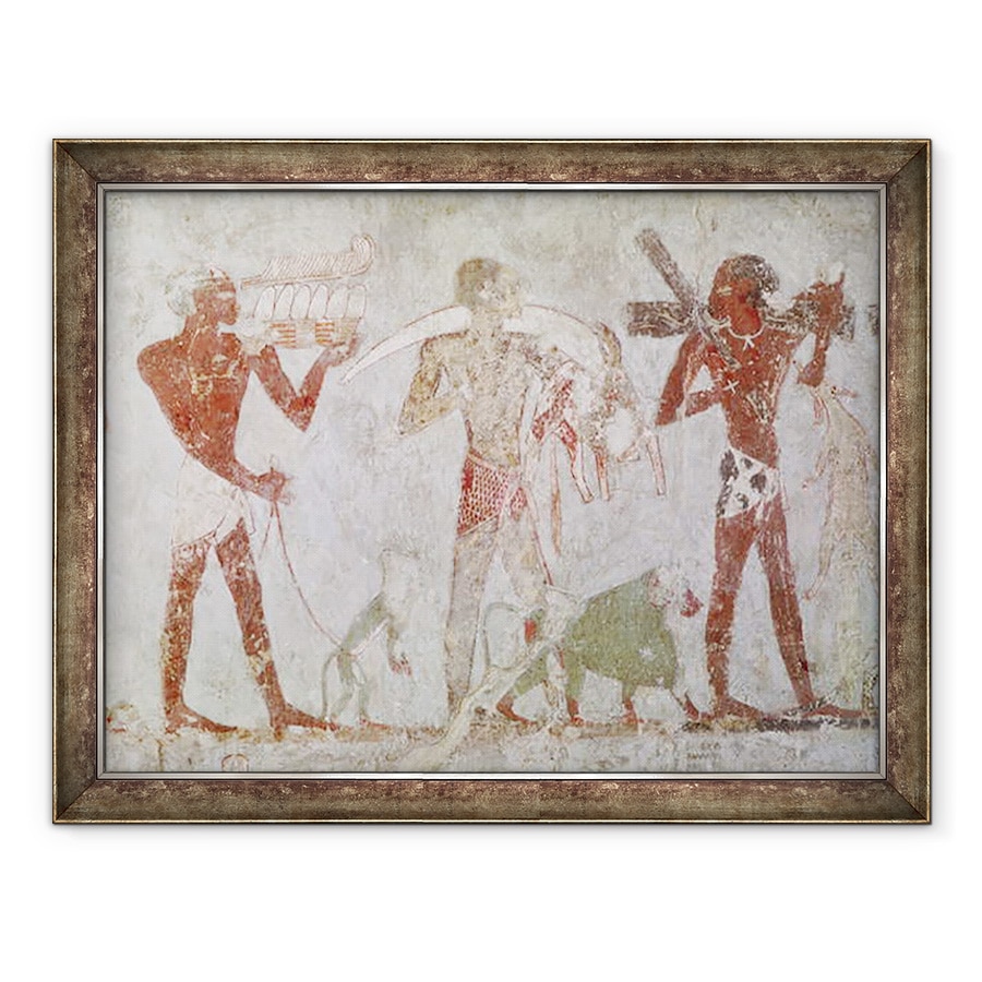 Tablou inramat - Egyptian 18th Dynasty - Kushites care transporta tributuri de aur, fildes si piei de animale, de la mormantul lui Rekhmire, vizir de Tuthmosis III si Amenhotep II, 70 x 90 cm