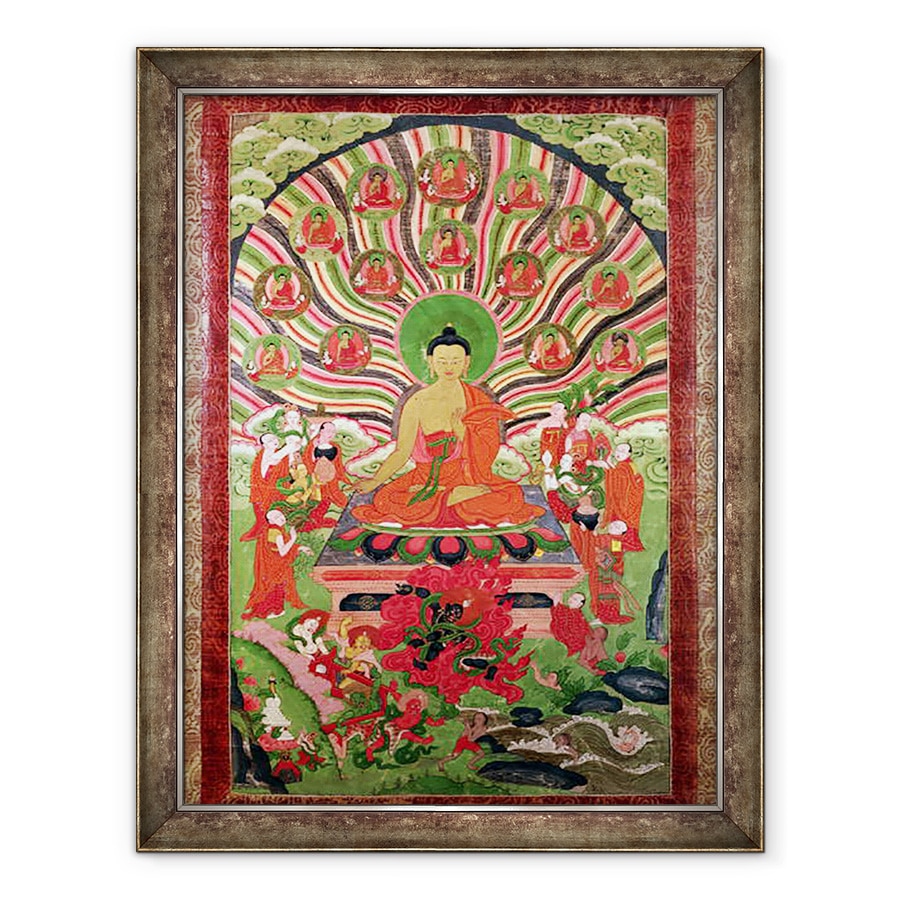 Tablou inramat - Scoala tibetana - Scene din viata lui Buddha, 70 x 90 cm
