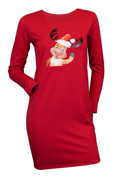 Rochie dama, rosie cu imprimeu ren pentru Craciun, marimea S