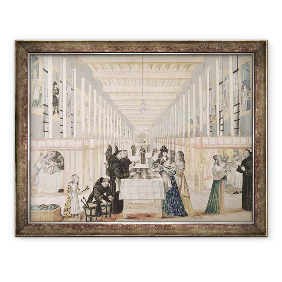 Tablou inramat - Abraham Bosse - Infirmeria surorilor de caritate in timpul unei vizite a Annei de Austria 1601-66 c.1640 guasa pe hartie, 60 x 80 cm