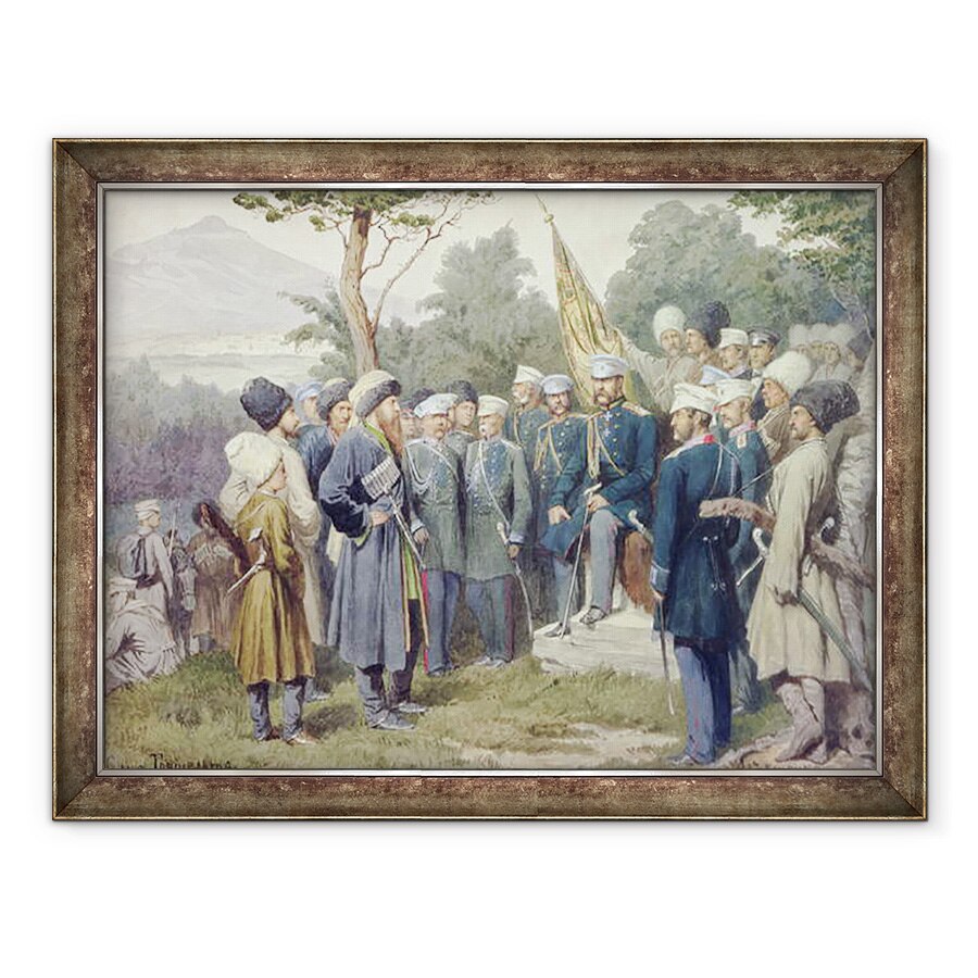 Tablou inramat - Aleksei Danilovich Kivshenko - Liderul caucazian Shamil c.1798-1871 predarea contelui Baryatinsky in 1859, 70 x 90 cm