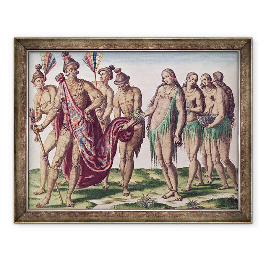 Tablou inramat - Jacques de Morgues Le Moyne - seful Satouriona si sotia sa merg la o plimbare, placa XXXIX din Brevis Narratio.., 60 x 80 cm