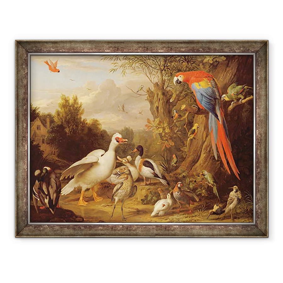 Tablou inramat - Jakob Bogdani - Un Macaw, rate, papagali si alte pasari intr-un peisaj, 70 x 90 cm